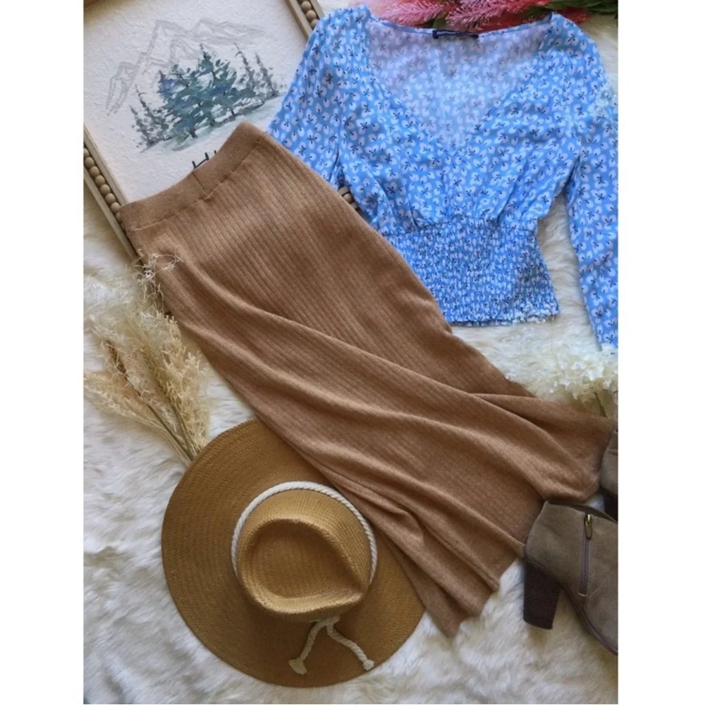 Free People XS Heathered Brown Ribbed Knit Slit Midi Skirt Western Boho Neutral - Picture 10 of 14